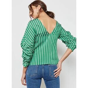 Mango Green Striped Ruched Puff Sleeves V-back Boxy Fit Tencel Blend Top 8